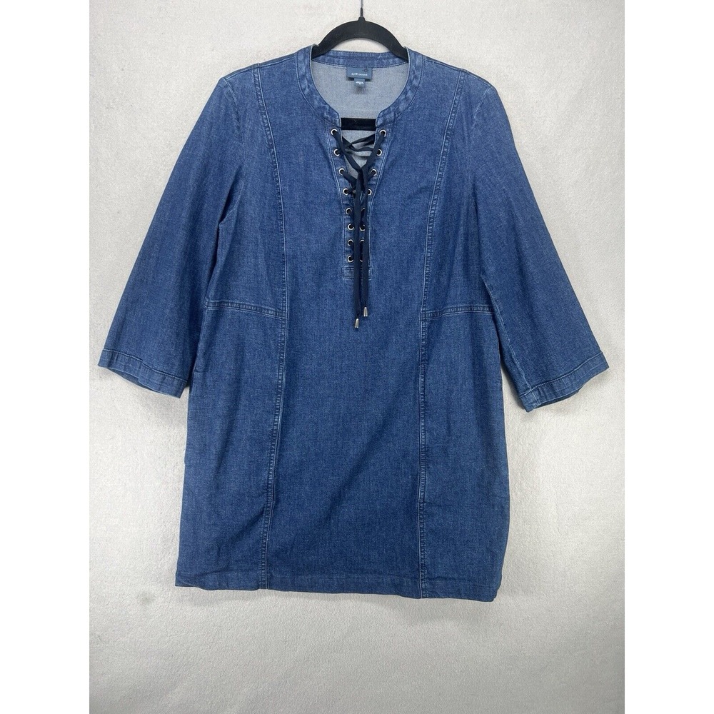J Jill Mini Dress Womens M‎ Denim 3/4 Sleeve Lace Up Pockets Coastal Grandma